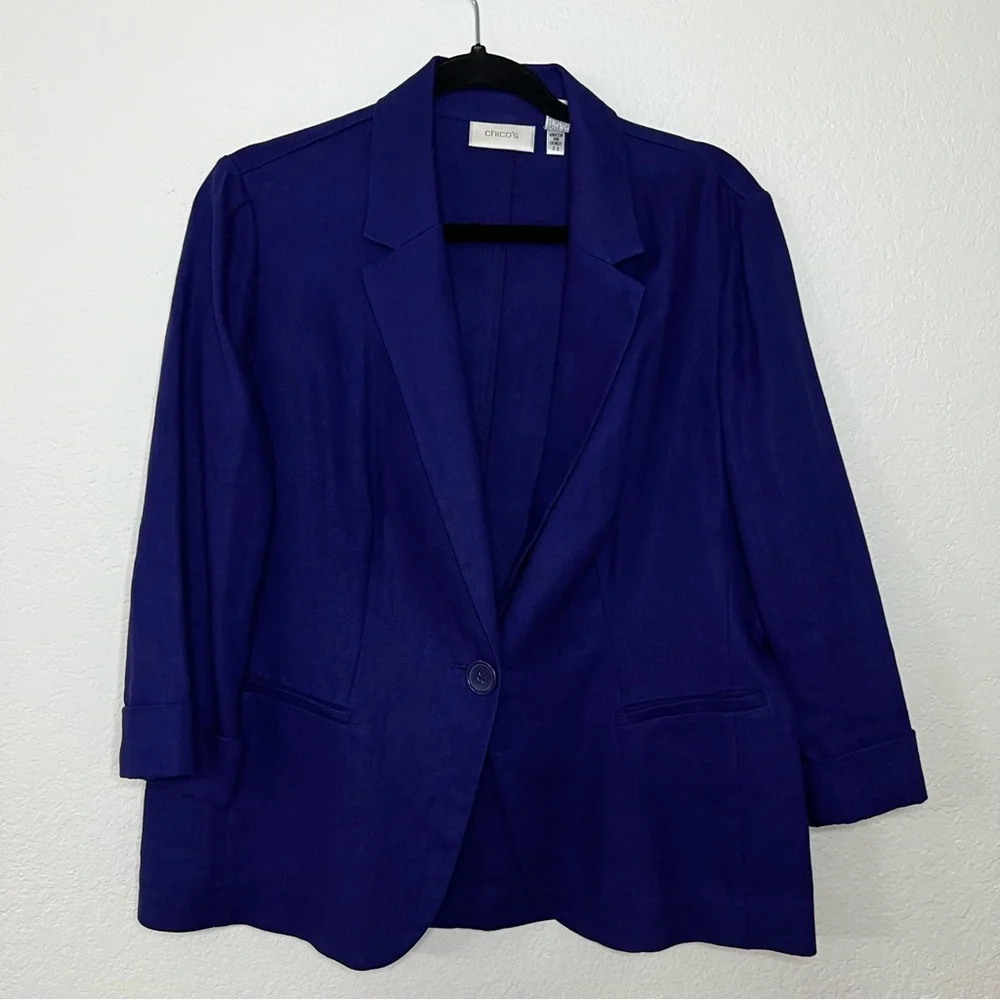 Chico’s Blazer Jacket Size 1 Medium 8‎ Blue Purple 100% Linen Jacket 3/4 Sleeve
